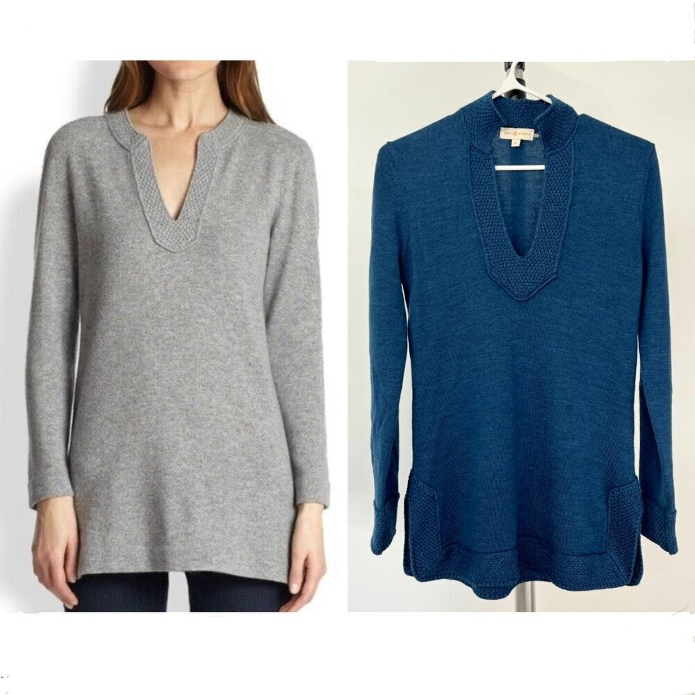 Tory Burch Lizzie 100% Merino Wool Heathered Blue Tunic V-Neck Sweater Sz XS